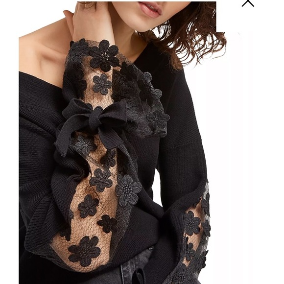 French Connection Caballo floral lace sleeve sweater black knit coquette bow M - Picture 3 of 13